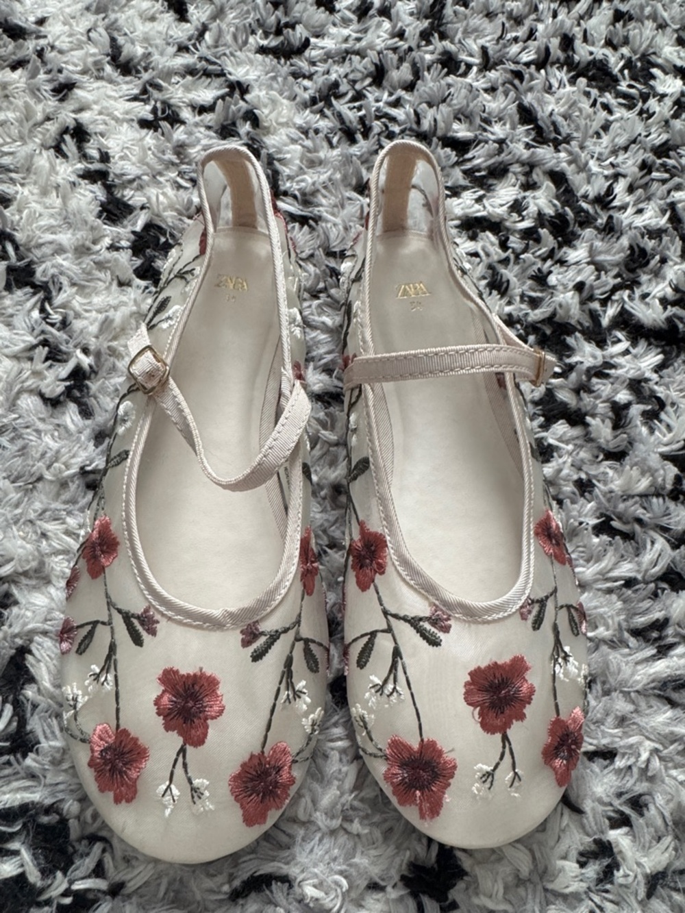 Zara Cream Mary Jane Flats with Red Floral Embroidery